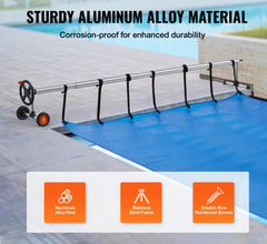 Pool Cover Reel, Aluminum Solar Cover Reel 18 ft, Inground Swimming Pool Cover Reel Set with Rubber Wheels and Sandbags, Fits for 4-18 ft Width Swimming Pools