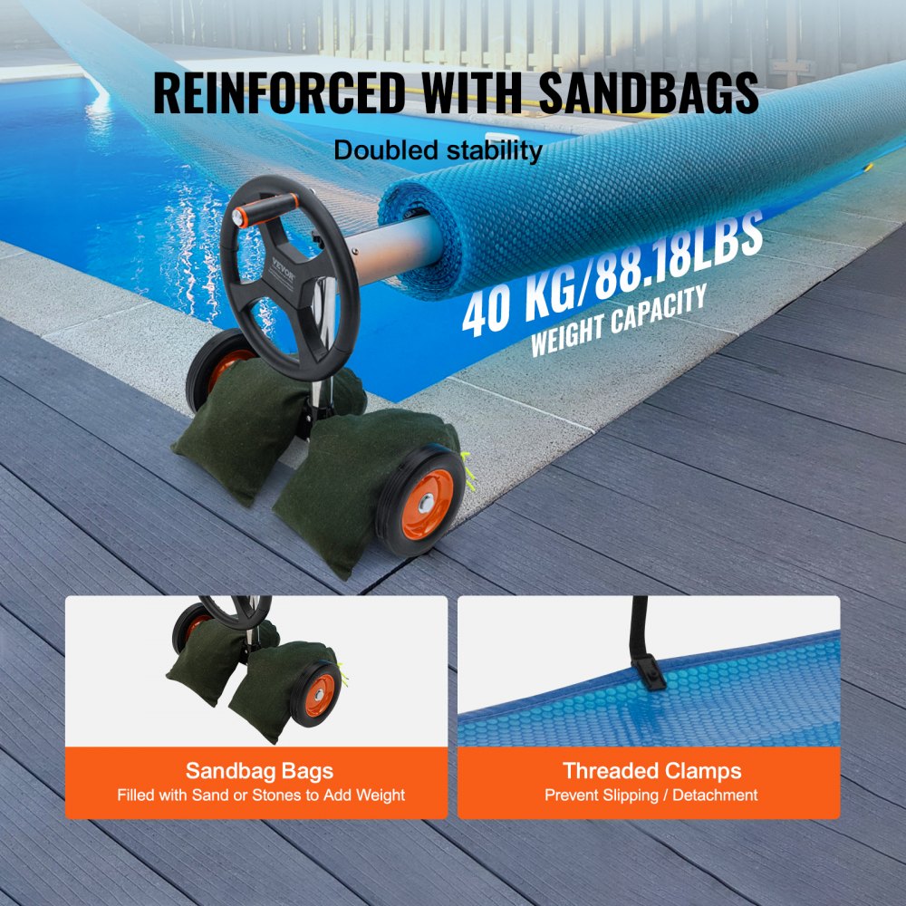 Pool Cover Reel, Aluminum Solar Cover Reel 18 ft, Inground Swimming Pool Cover Reel Set with Rubber Wheels and Sandbags, Fits for 4-18 ft Width Swimming Pools