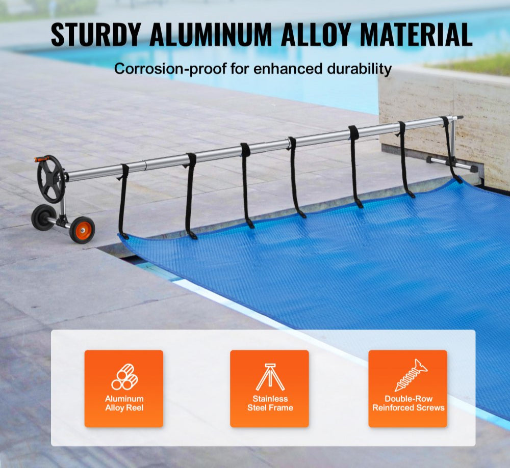 Solar Cover Reel 22 ft, Aluminum Pool Cover Reel for Inground Swimming Pools, Cover Reel Set with Sandbags & Rubber Wheels, Fits for 5-22 ft Width Swimming Pools