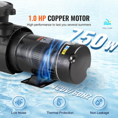 Above Ground Pool Pump, 1HP, 80 GPM Max Flow. Single Speed Pool Pump, 120V 3450 RPM 36 ft Max Lift Pool Pump with Strainer Basket