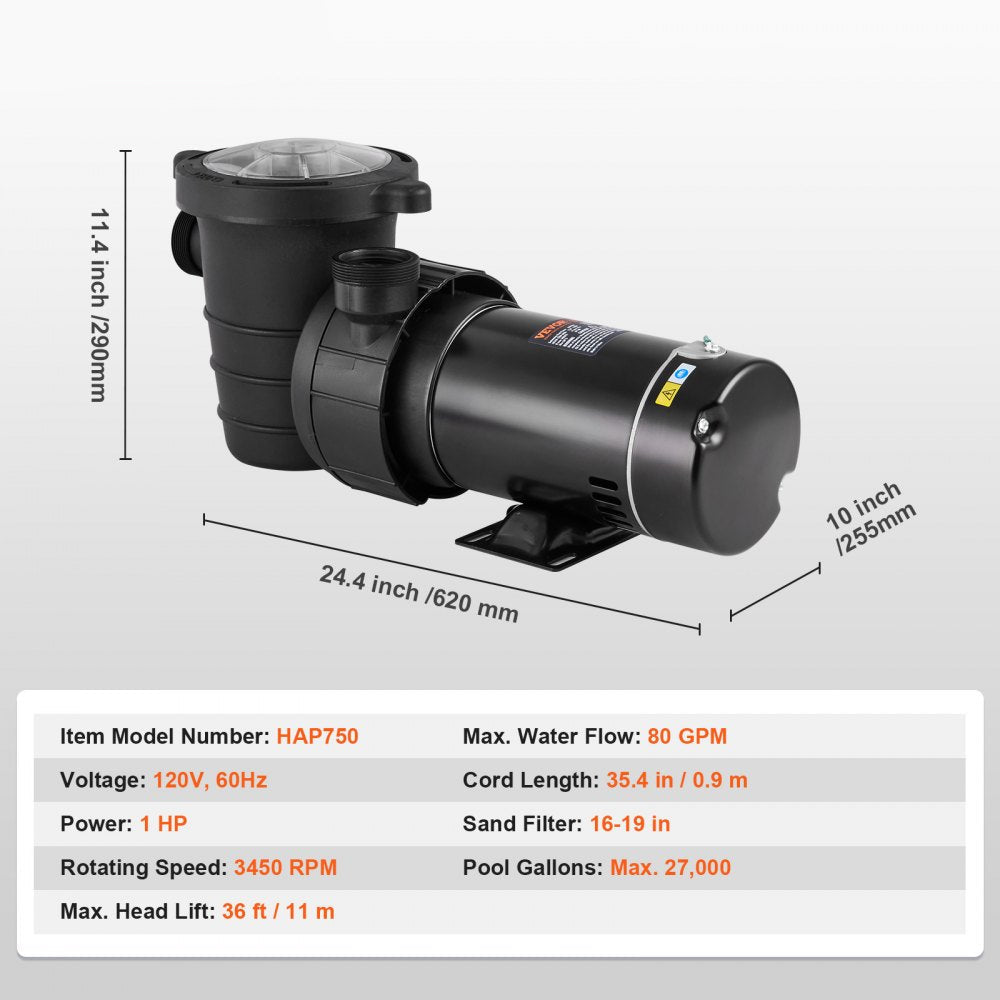 Above Ground Pool Pump, 1HP, 80 GPM Max Flow. Single Speed Pool Pump, 120V 3450 RPM 36 ft Max Lift Pool Pump with Strainer Basket