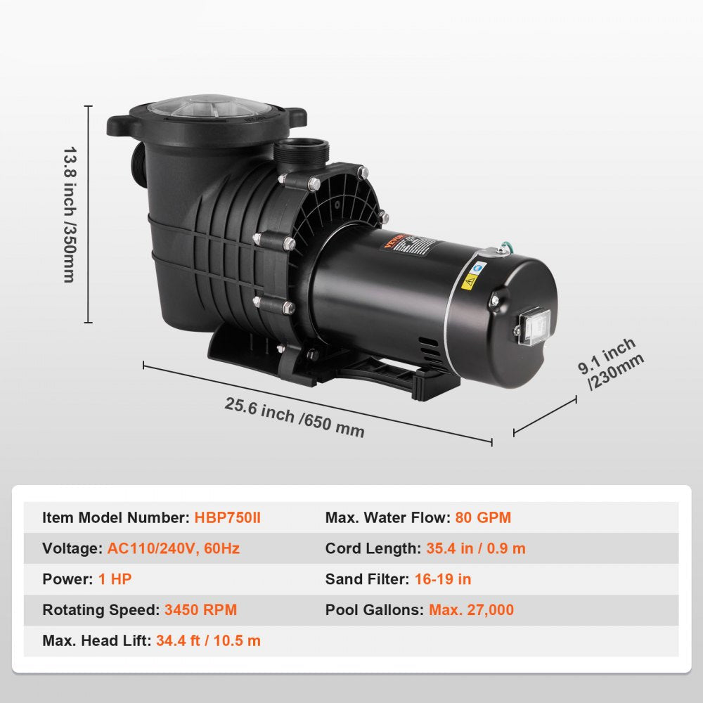 Above Ground Pool Pump, 1HP, 80 GPM Max. Flow Single Speed Swimming Pool Pump, 110V/240V 3450RPM 34.4ft Max. Head Pool Pump with Filter Basket, for Above Ground Pools Hot Tubs Spas