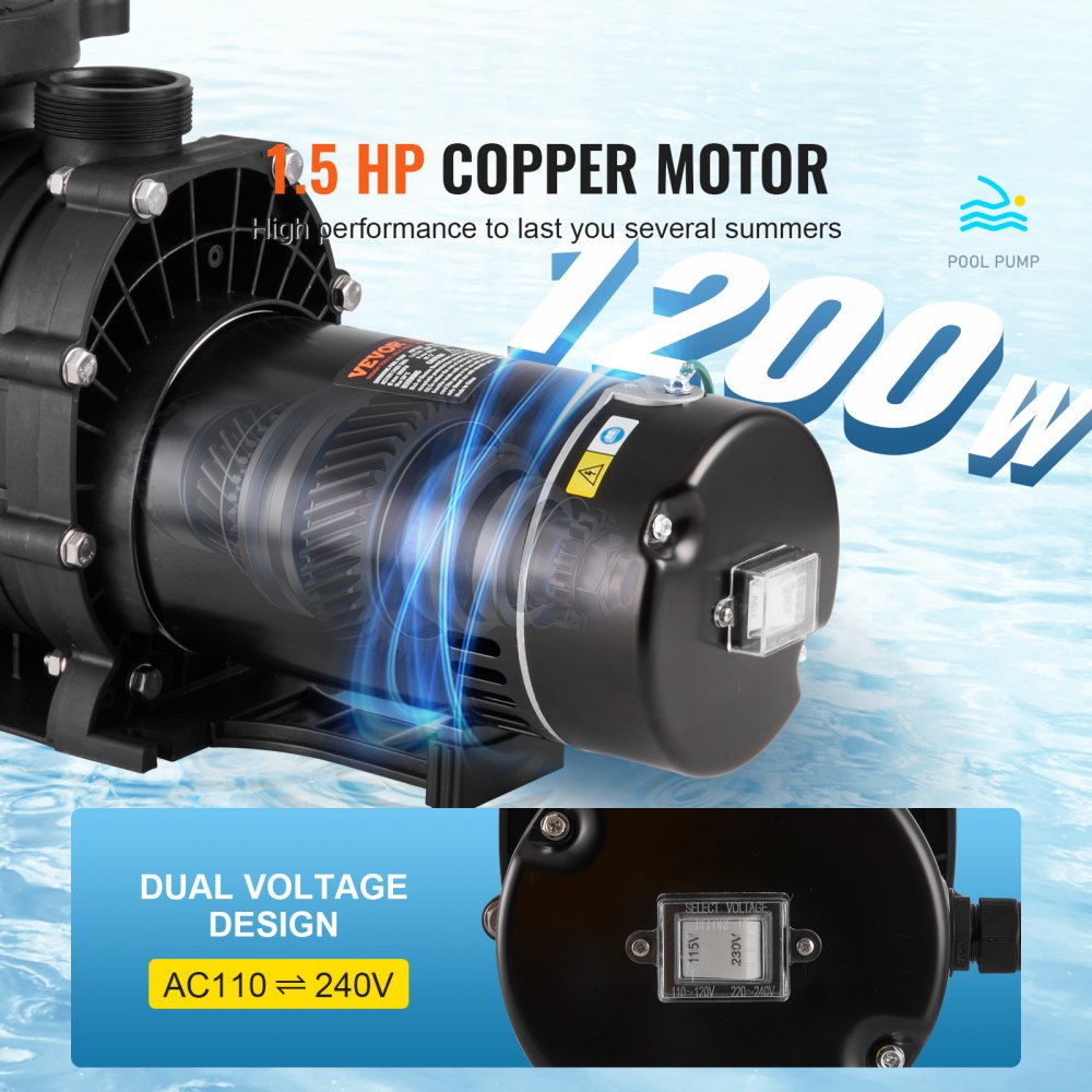 Above Ground Pool Pump, 1.5 HP, 100 GPM Single Speed Swimming Pool Pump, 110V/240V 3450 RPM 50.9 ft Max Head Pool Pump with Filter Basket, for Above Ground Pools Hot Tubs Spas