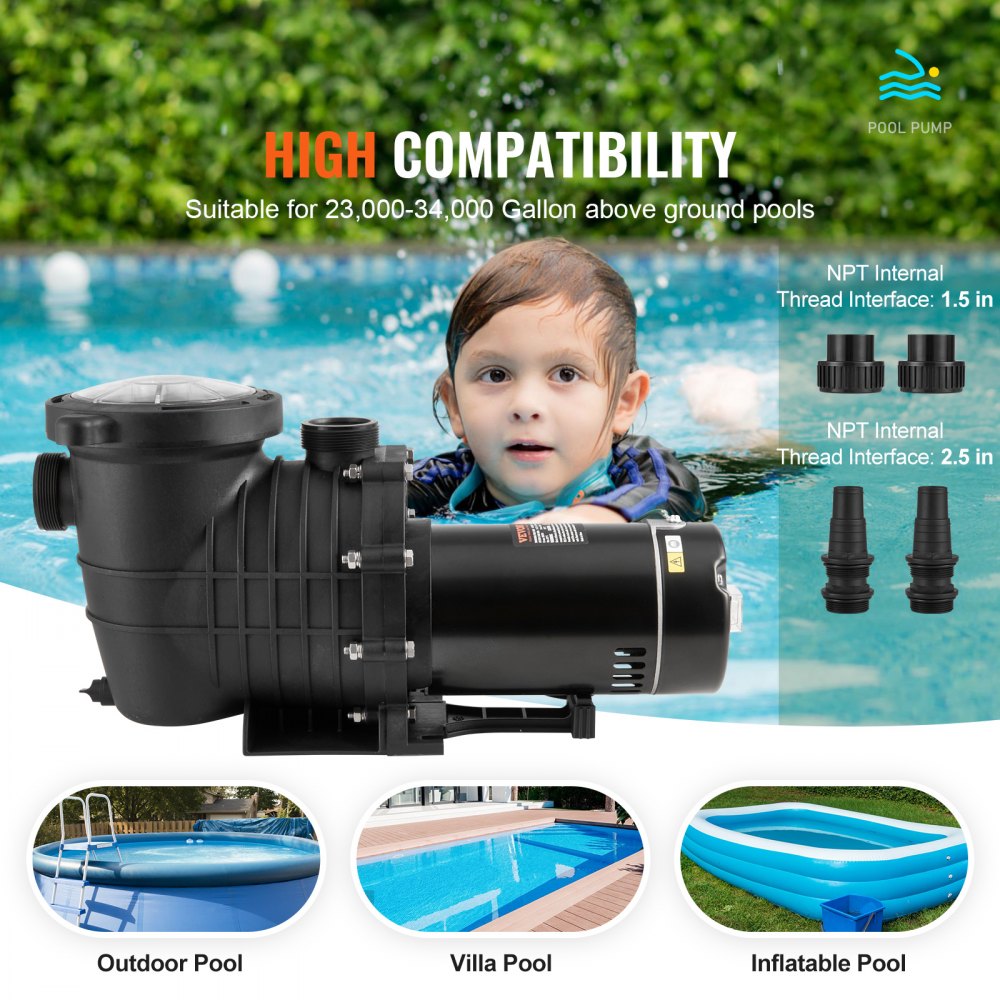 Above Ground Pool Pump, 1.5 HP, 100 GPM Single Speed Swimming Pool Pump, 110V/240V 3450 RPM 50.9 ft Max Head Pool Pump with Filter Basket, for Above Ground Pools Hot Tubs Spas