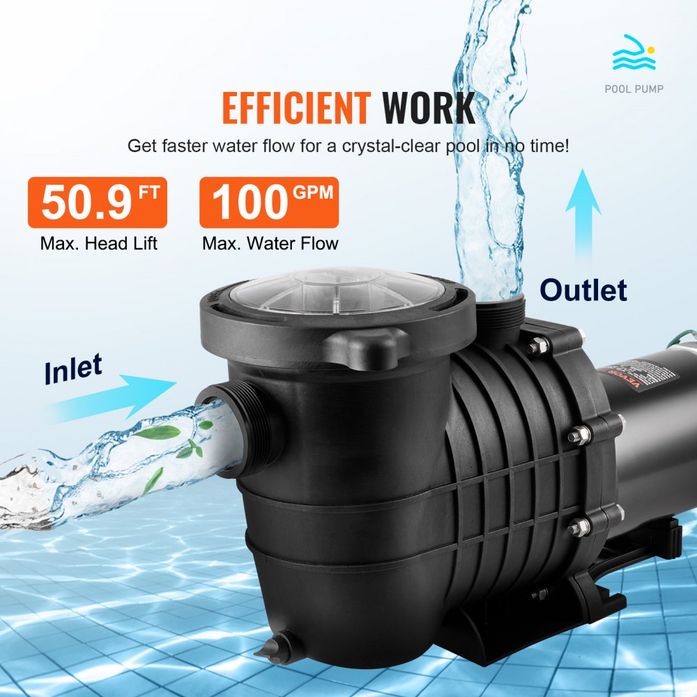 Above Ground Pool Pump, 1.5 HP, 100 GPM Single Speed Swimming Pool Pump, 110V/240V 3450 RPM 50.9 ft Max Head Pool Pump with Filter Basket, for Above Ground Pools Hot Tubs Spas