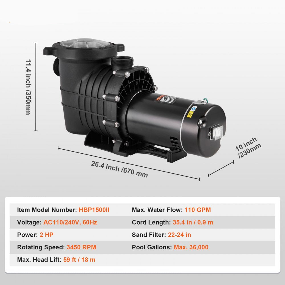 Above Ground Pool Pump, 2 HP, 110 GPM Max Flow Single Speed Swimming Pool Pump, 110V/240V 3450 RPM 59 ft Max Head Pool Pump with Filter Basket, for Above Ground Pools Hot Tubs Spas