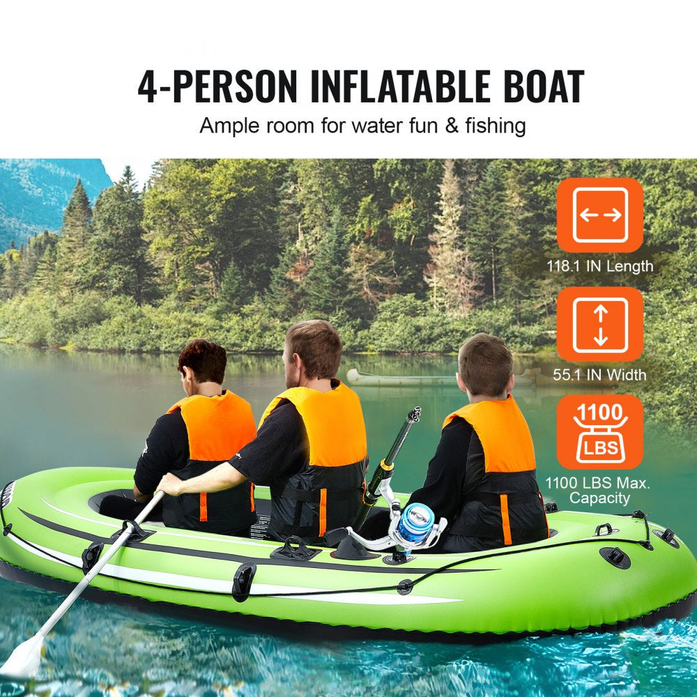 Inflatable Boat, 4-Person Inflatable Fishing Boat, Strong PVC Portable Boat Raft Kayak, 45.6" Aluminum Oars, High-Output Pump, Fishing Rod Holders, and 2 Seats, 1100 lb Capacity for Adults, Kids
