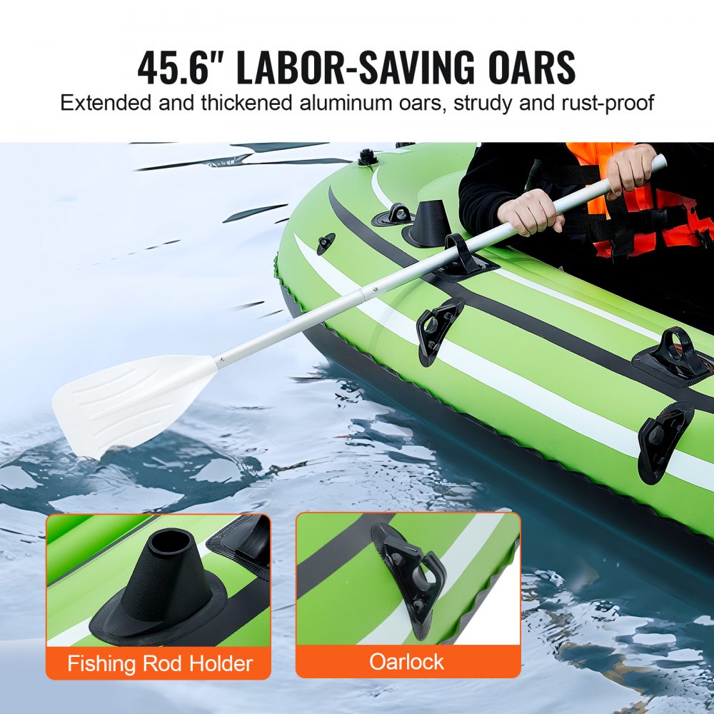 Inflatable Boat, 4-Person Inflatable Fishing Boat, Strong PVC Portable Boat Raft Kayak, 45.6" Aluminum Oars, High-Output Pump, Fishing Rod Holders, and 2 Seats, 1100 lb Capacity for Adults, Kids