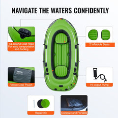 Inflatable Boat, 4-Person Inflatable Fishing Boat, Strong PVC Portable Boat Raft Kayak, 45.6" Aluminum Oars, High-Output Pump, Fishing Rod Holders, and 2 Seats, 1100 lb Capacity for Adults, Kids