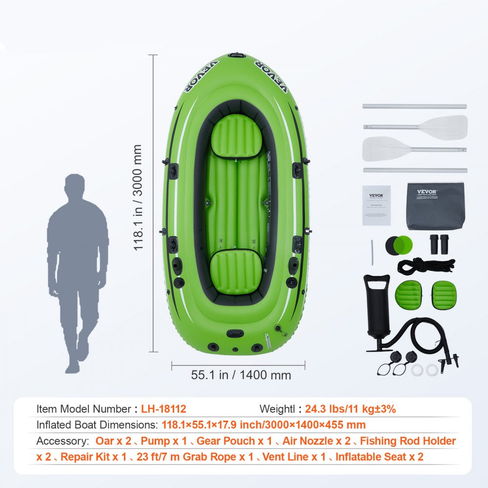 Inflatable Boat, 4-Person Inflatable Fishing Boat, Strong PVC Portable Boat Raft Kayak, 45.6" Aluminum Oars, High-Output Pump, Fishing Rod Holders, and 2 Seats, 1100 lb Capacity for Adults, Kids