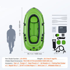 Inflatable Boat, 4-Person Inflatable Fishing Boat, Strong PVC Portable Boat Raft Kayak, 45.6" Aluminum Oars, High-Output Pump, Fishing Rod Holders, and 2 Seats, 1100 lb Capacity for Adults, Kids