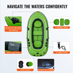 Inflatable Boat, 3-Person Inflatable Fishing Boat, Strong PVC Portable Boat Raft Kayak, 45.6" Aluminum Oars, High-Output Pump, Fishing Rod Holders, and 2 Seats, 1100 lb Capacity for Adults, Kids