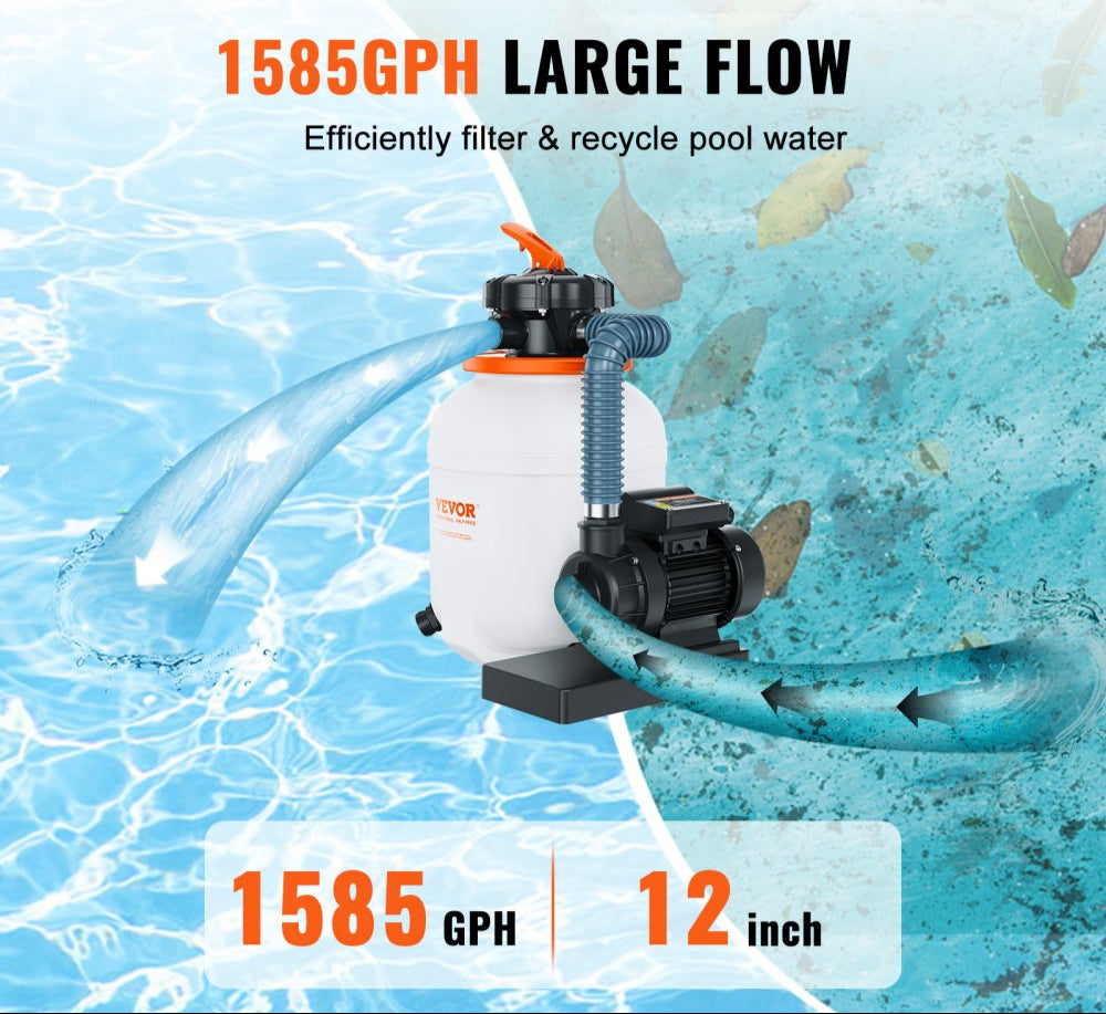 Sand Filter Pump for Above Ground Pools, 12-inch, 1585 GPH, 0.35 HP Swimming Pool Pumps System & Filters Combo Set with 5-Way Multi-Port Valve & Pressure Gauge, for Domestic and Commercial Pools
