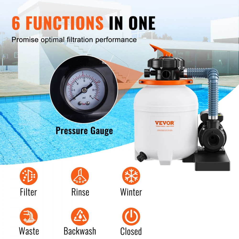 Sand Filter Pump for Above Ground Pools, 12-inch, 1585 GPH, 0.35 HP Swimming Pool Pumps System & Filters Combo Set with 5-Way Multi-Port Valve & Pressure Gauge, for Domestic and Commercial Pools