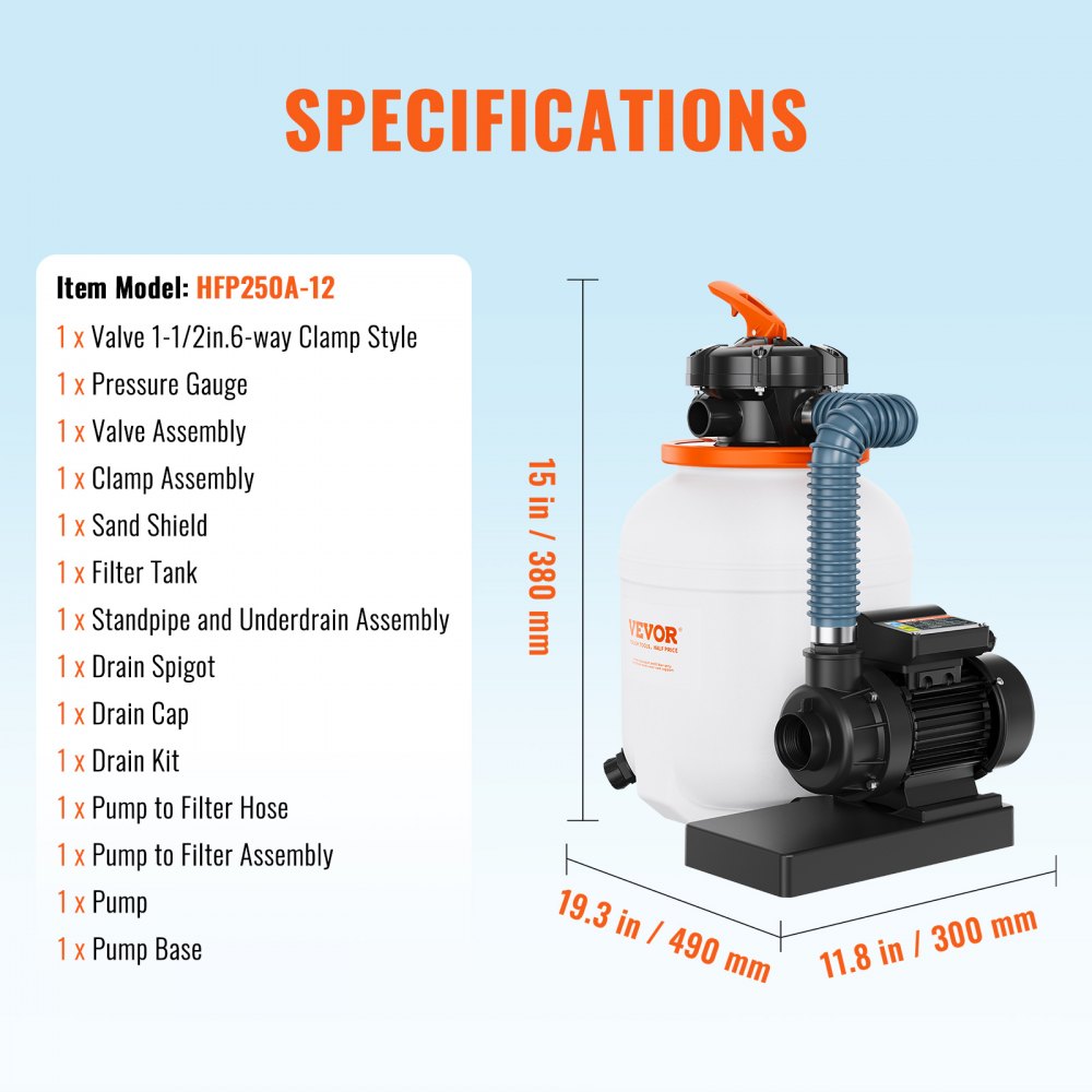 Sand Filter Pump for Above Ground Pools, 12-inch, 1585 GPH, 0.35 HP Swimming Pool Pumps System & Filters Combo Set with 5-Way Multi-Port Valve & Pressure Gauge, for Domestic and Commercial Pools