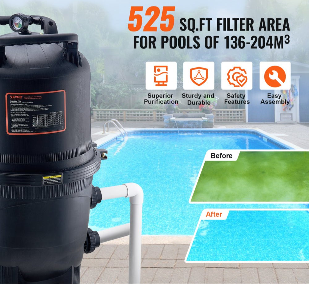 Cartridge Pool Filter, 525Sq. Ft Filter Area Inground Pool Filter, Above Ground Swimming Pool Filtration Filter System with Upgrade Filter &Leak-proof