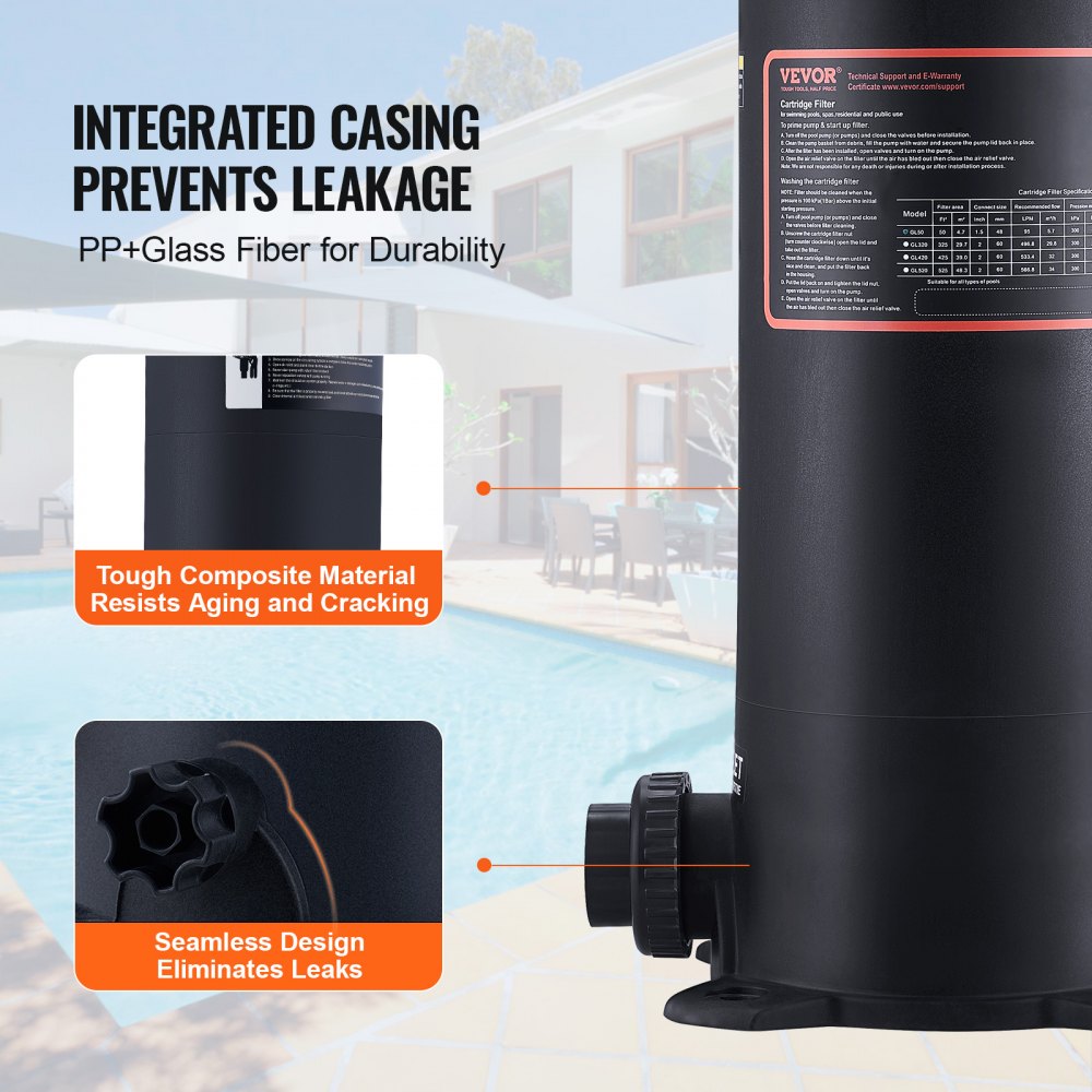 Cartridge Pool Filter, 50Sq. Ft Filter Area Inground Pool Filter, Above Ground Swimming Pool Filtration Filter System with Upgrade Filter &Leak-proof Casing, for Hot Tubs, Spa, Inflatable Pool