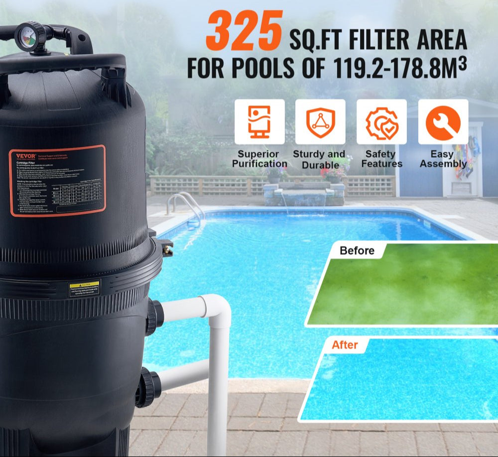 Cartridge Pool Filter, 325Sq. Ft Filter Area Inground Pool Filter, Above Ground Swimming Pool Filtration Filter System with Upgrade Filter &Leak-proof