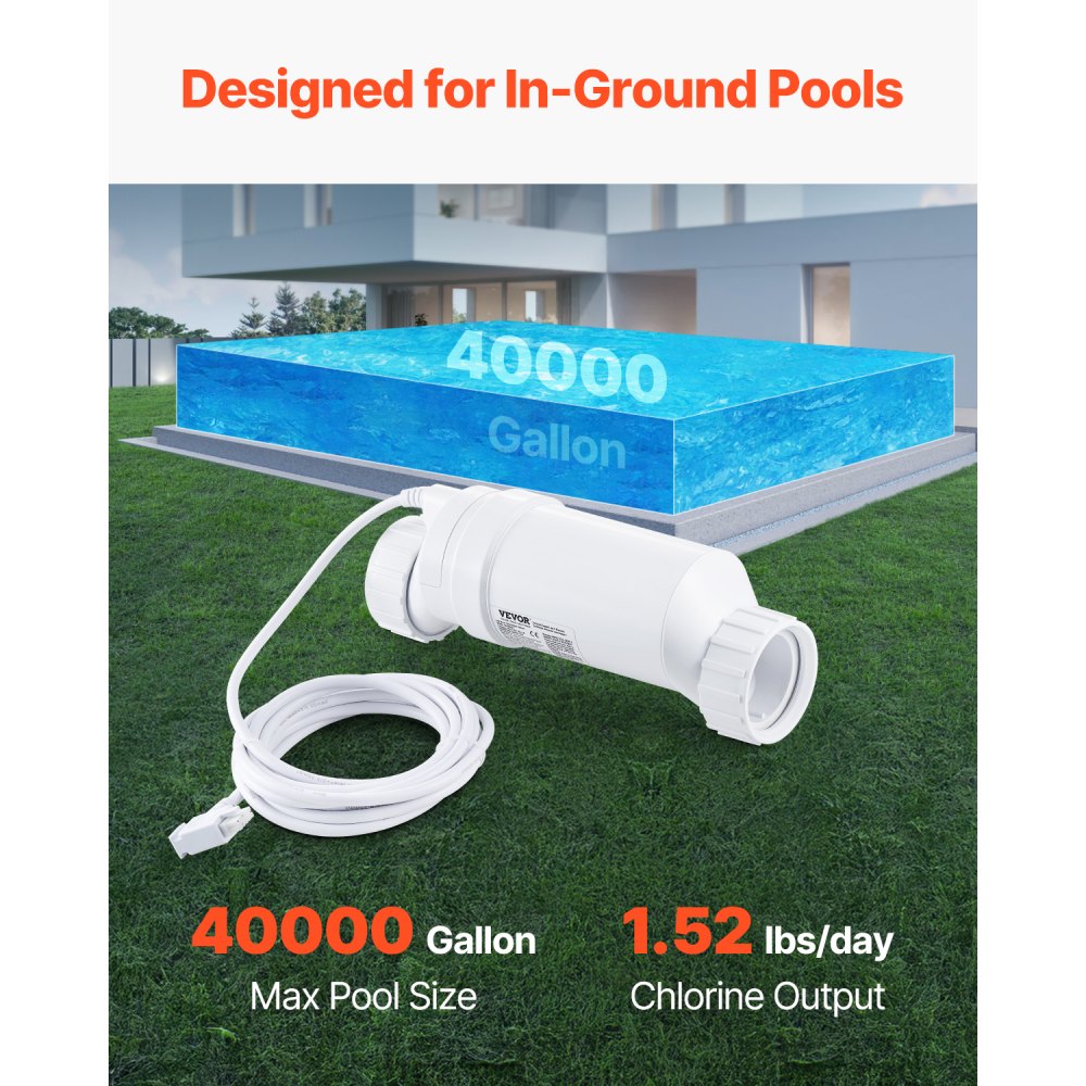 Salt Water Chlorinator System, Pool Chlorination Cell Fits for Hayward W3T-Cell-15 (T15), Pool Cell Salt Water System for In-Ground Swimming Pools up to 40,000 Gallons, 15 ft Power Line, White