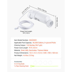 Salt Water Chlorinator System, Pool Chlorination Cell Fits for Hayward W3T-Cell-15 (T15), Pool Cell Salt Water System for In-Ground Swimming Pools up to 40,000 Gallons, 15 ft Power Line, White