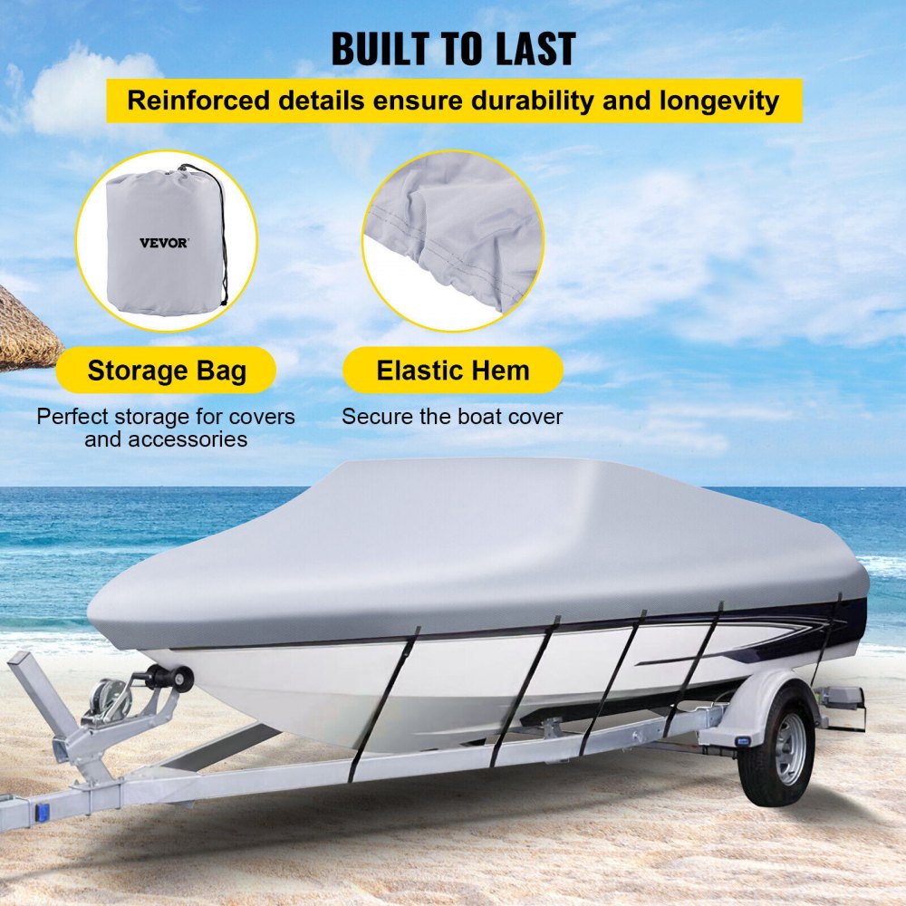Waterproof Boat Cover, 14`-16` Trailerable Boat Cover, Beam Width up to 90" v Hull Cover Heavy Duty 210D Marine Grade Polyester Mooring Cover for Fits V-Hull Boat with 5 Tightening Straps