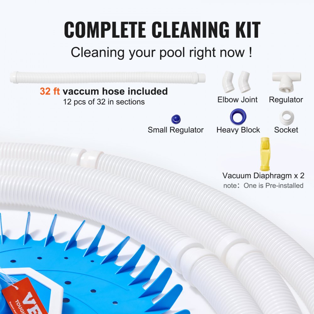 Automatic Suction Pool Cleaner, Low Noise Pool Vacuum Cleaner with Extra Diaphragm, 10 x 32 in Hoses & 36-Fin Disc, Side Climbing Pool Cleaners for Above-Ground & In-ground Swimming Pool