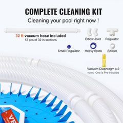 Automatic Suction Pool Cleaner, Low Noise Pool Vacuum Cleaner with Extra Diaphragm, 10 x 32 in Hoses & 36-Fin Disc, Side Climbing Pool Cleaners for Above-Ground & In-ground Swimming Pool