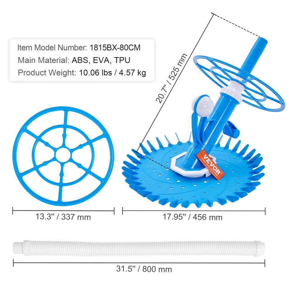 Automatic Suction Pool Cleaner, Low Noise Pool Vacuum Cleaner with Extra Diaphragm, 10 x 32 in Hoses & 36-Fin Disc, Side Climbing Pool Cleaners for Above-Ground & In-ground Swimming Pool