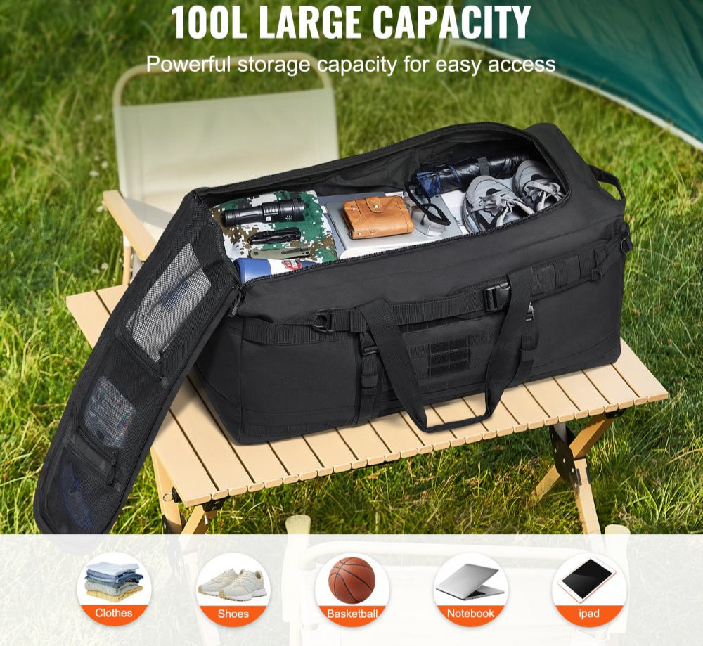 Tactical Duffle Bag 100L Gym Bag Duffle with Molle Design and Multi-mesh Bag, for workouts, cycling, gym sessions, yoga, beach trips, swimming pools, hunting, hiking, camping, practice days, weekend getaways, and many outdoor activities.