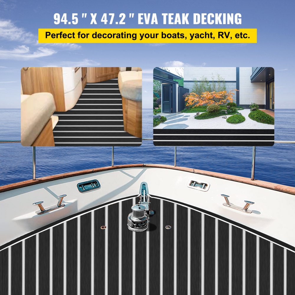 EVA Foam Faux Teak Boat Decking Sheet 94.5 X 47.2 Inch 5MM Thick Non-Skid Self-Adhesive for Marine Yacht RV Swimming Pool Garden Boat Flooring Sheet (Black + White Seam, 94.5" x 47.2")