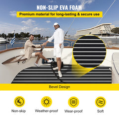 EVA Foam Faux Teak Boat Decking Sheet 94.5 X 47.2 Inch 5MM Thick Non-Skid Self-Adhesive for Marine Yacht RV Swimming Pool Garden Boat Flooring Sheet (Black + White Seam, 94.5" x 47.2")