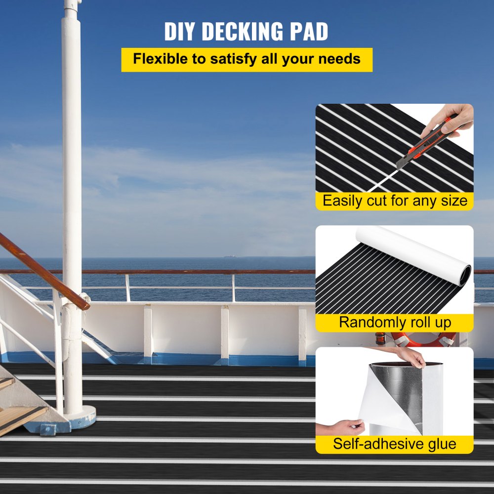 EVA Foam Faux Teak Boat Decking Sheet 94.5 X 47.2 Inch 5MM Thick Non-Skid Self-Adhesive for Marine Yacht RV Swimming Pool Garden Boat Flooring Sheet (Black + White Seam, 94.5" x 47.2")