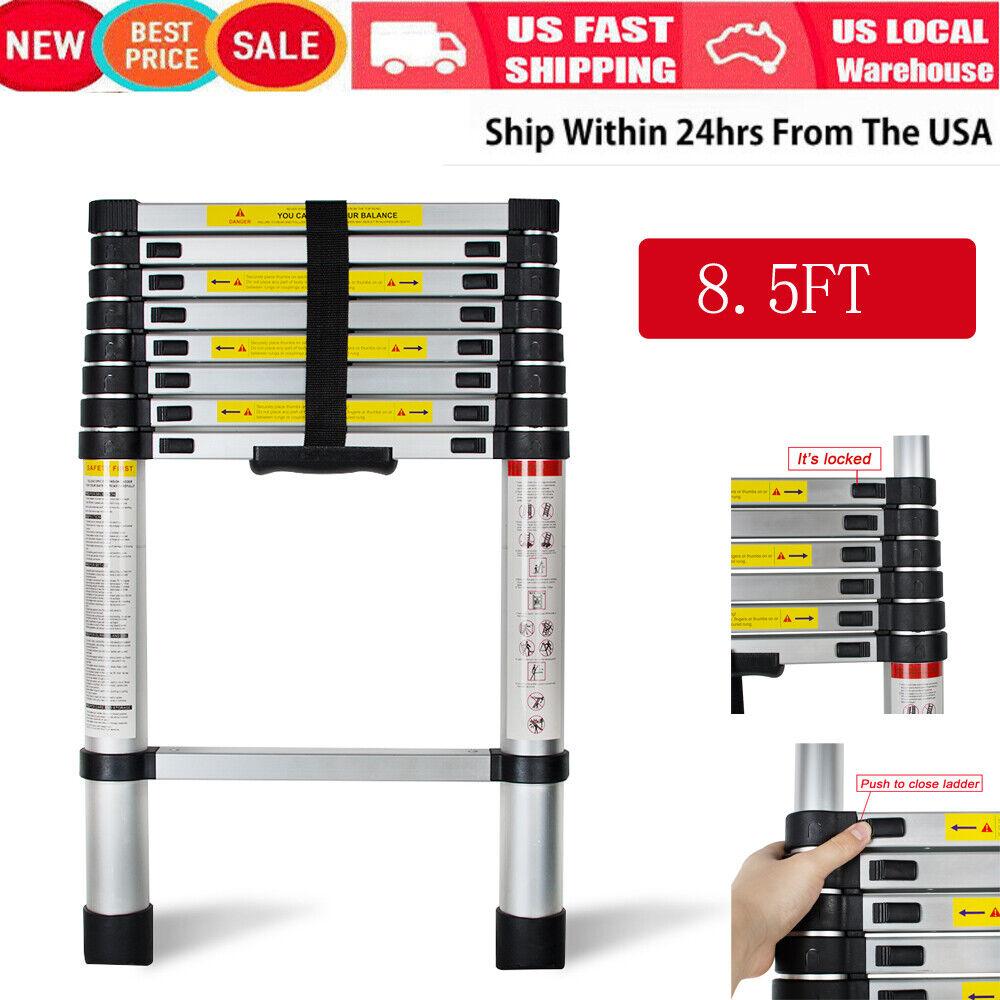 Telescopic Ladder Extension Aluminum Ladder Folding Multi Purpose-Button Retraction Non-Slip Load 330lbs for Household or Outdoor Work no need assembly required Strong stability 8.5FT